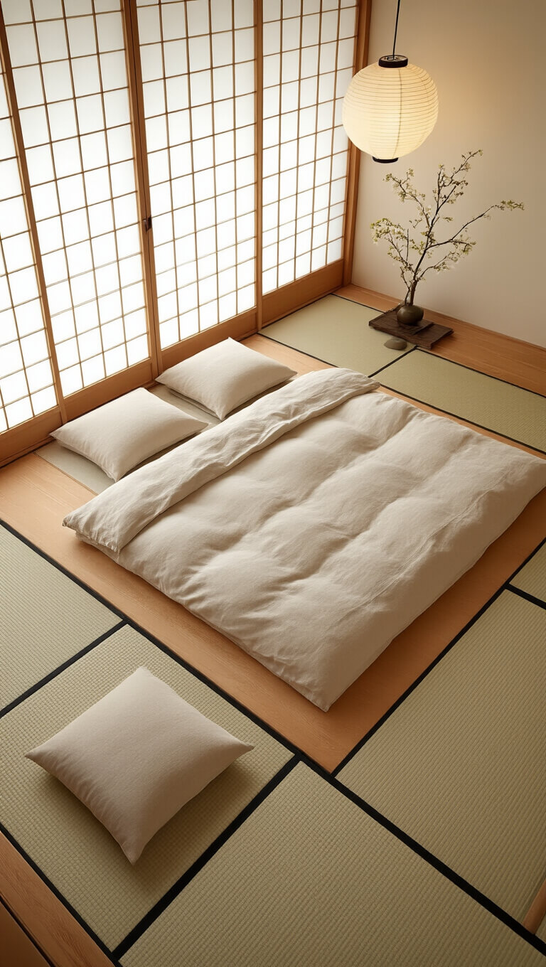 Bird's eye view of a Japanese minimalist bedroom with a low platform futon, natural linen bedding, tatami mats, shoji screens, and soft dawn light creating a serene, meditative atmosphere.
