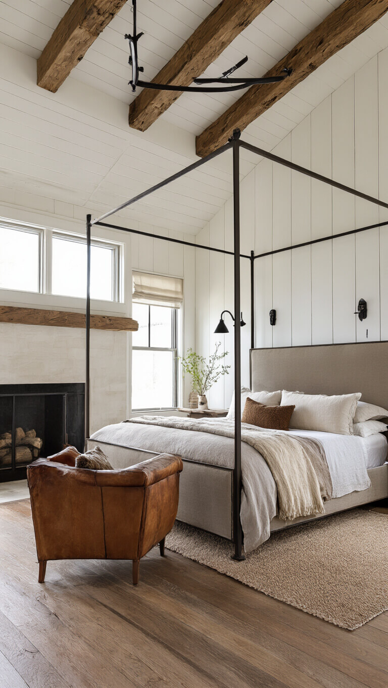 Contemporary rustic bedroom with iron canopy bed, vintage leather chair, stone fireplace, and reclaimed wood beam ceiling, bathed in warm sunset light.