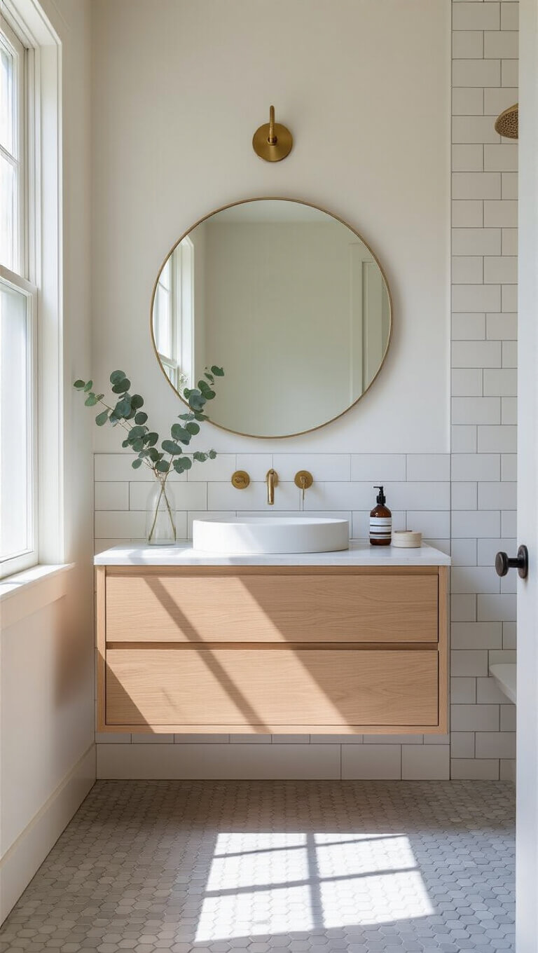 Minimalist 5x8ft bathroom with floating white oak vanity, honed marble top, circular mirror, brass fixtures, and morning light through frosted window.