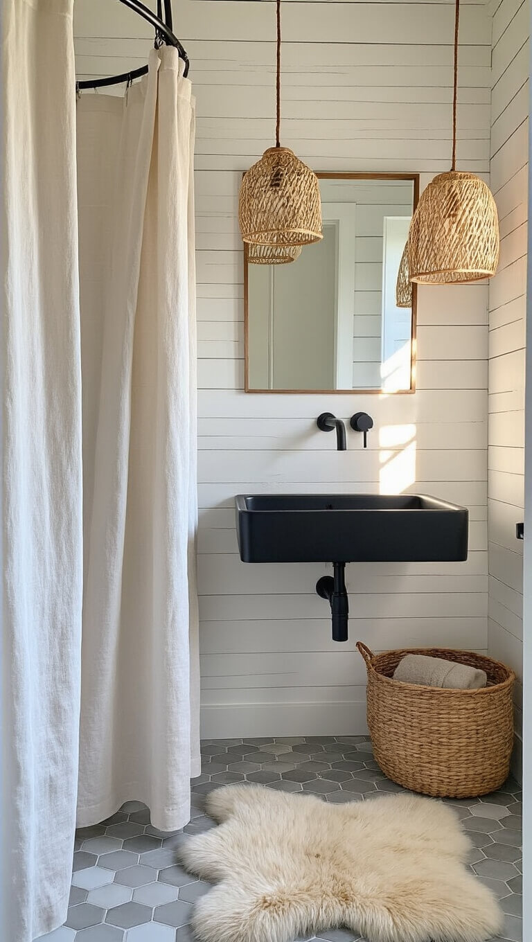 Scandinavian-style 6x6ft powder room with matte black wall-mounted sink, whitewashed shiplap walls, rattan pendant light, linen shower curtain, sheepskin rug on hex tile floor, captured at golden hour.