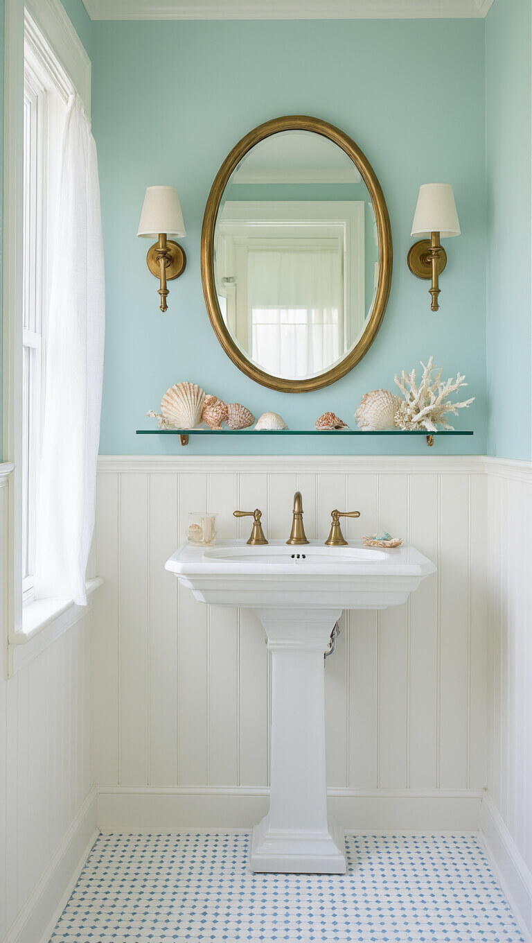 Coastal 5x7ft bathroom with pale aqua walls, white beadboard, seashell displays, brass sconces, and penny tile floor in soft afternoon light.