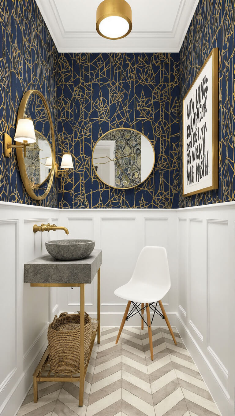 Urban eclectic powder room with bold navy and gold geometric wallpaper, brass mirror, stone vessel sink, and herringbone tile floor.