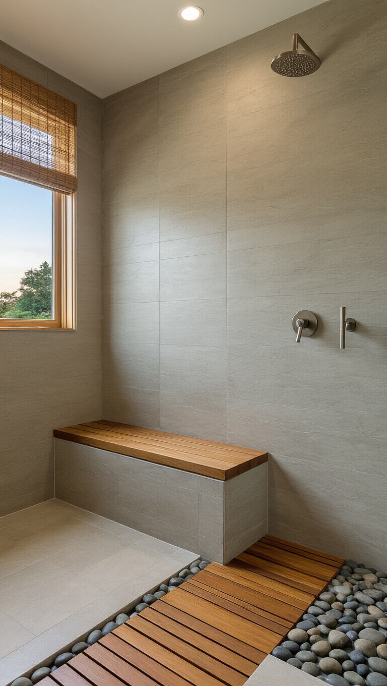 Japanese-style bathroom with teak shower floor, built-in bench, textured greige porcelain walls, brushed nickel wall-mounted faucet, river rock accent, and bamboo shade filtering dawn light.