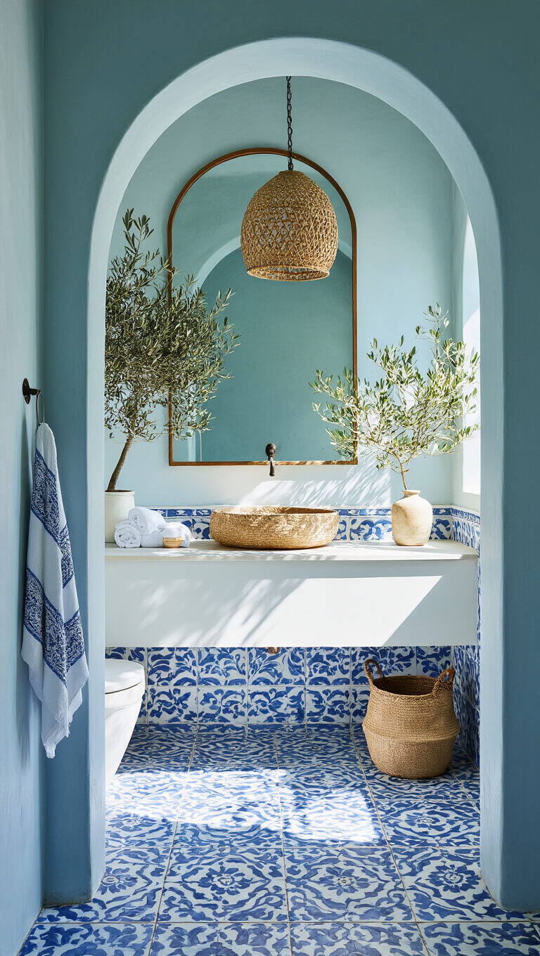Mediterranean-style 6x8ft bathroom with blue and white handpainted terra cotta tiles, arched mirror over white floating vanity, woven pendant casting shadows, Turkish towels, and potted olive tree.