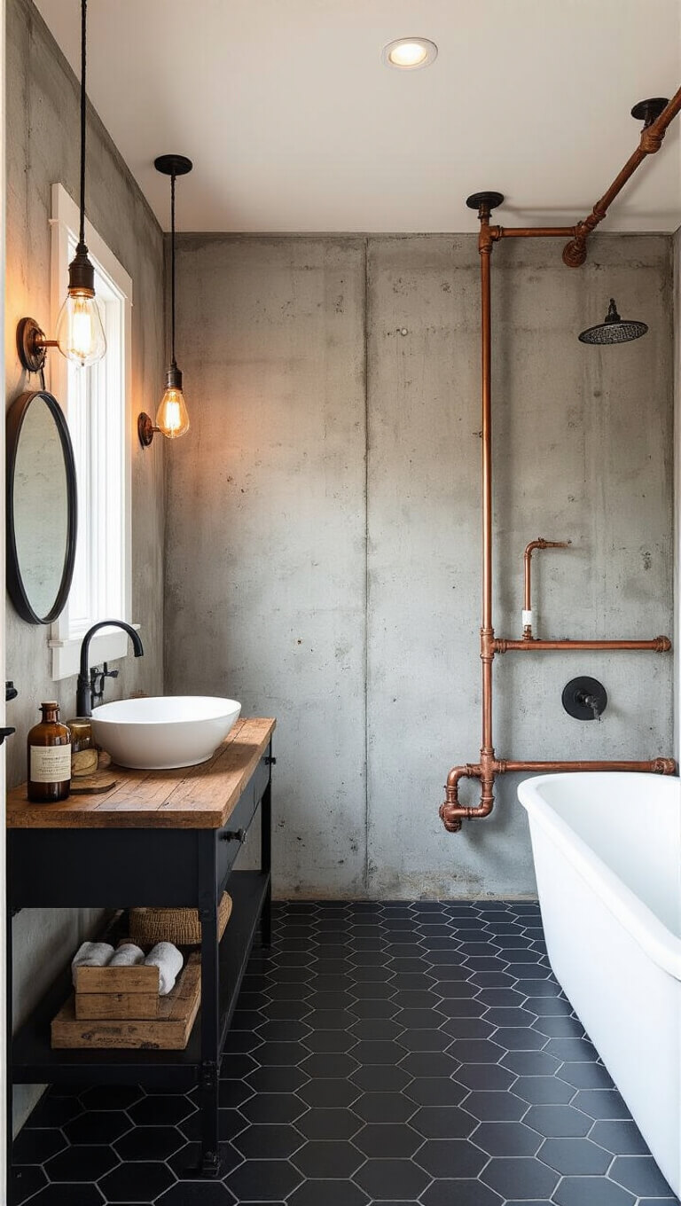 Industrial chic bathroom with copper pipes, concrete walls, Edison bulbs, black steel vanity, reclaimed wood, and hex tile floor.