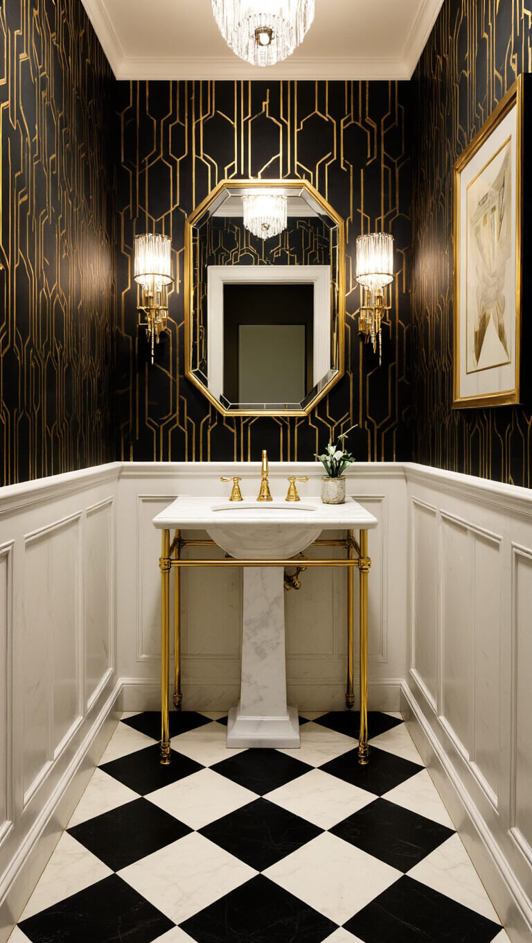 Art Deco powder room with black and gold geometric wallpaper, marble wainscoting, crystal sconces, octagonal mirror, pedestal sink, checkerboard floor, and gold-framed artwork.