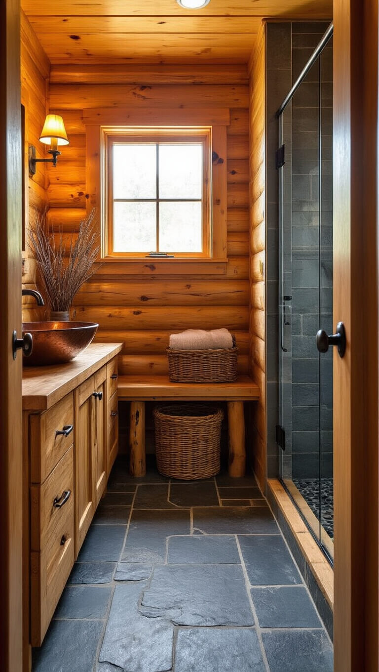 Compact 6x8ft log cabin bathroom with knotty pine walls, cedar vanity, copper sink, and corner glass shower, bathed in golden hour light.