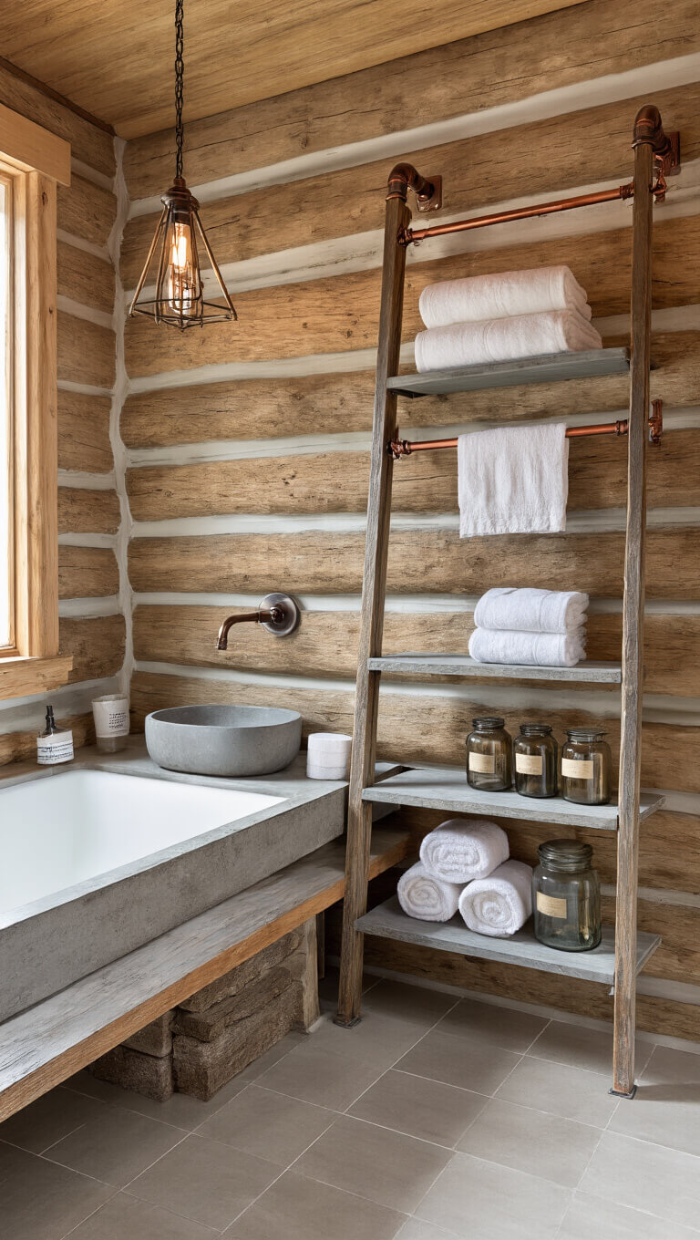 Cozy rustic bathroom with exposed log walls, reclaimed wood vanity, concrete basin, and vintage shelving in soft morning light.