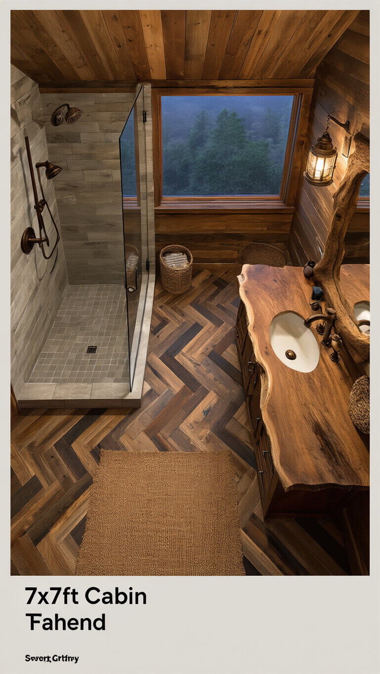 Overhead view of rustic 7x7ft cabin bathroom with herringbone wood floor, bronze shower, wooden vanity, lantern sconces, and cedar beam ceiling at dusk.