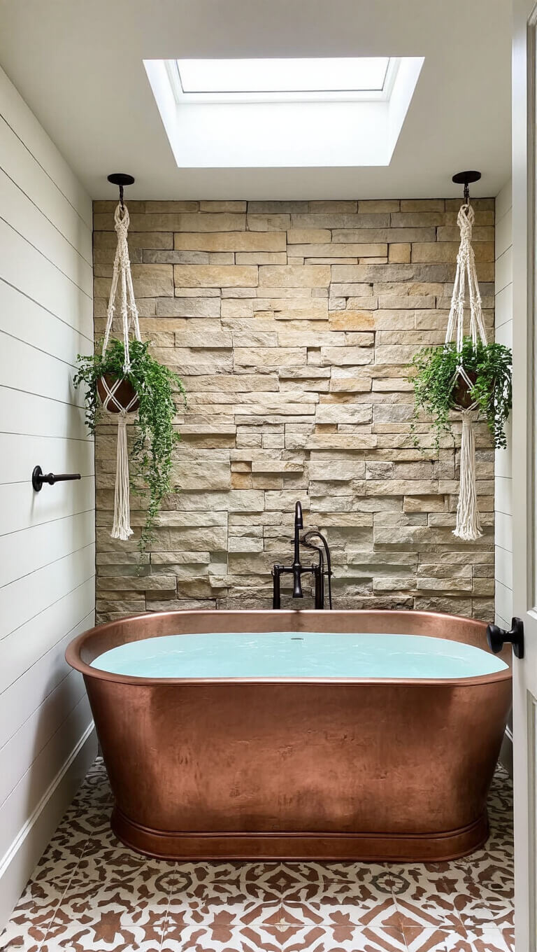 Cozy 6x6ft bathroom nook with copper soaking tub, stacked stone accent wall, white-washed pine walls, bronze fixtures, macramé plant hangers, earth-tone geometric floor tiles, and skylight lighting.