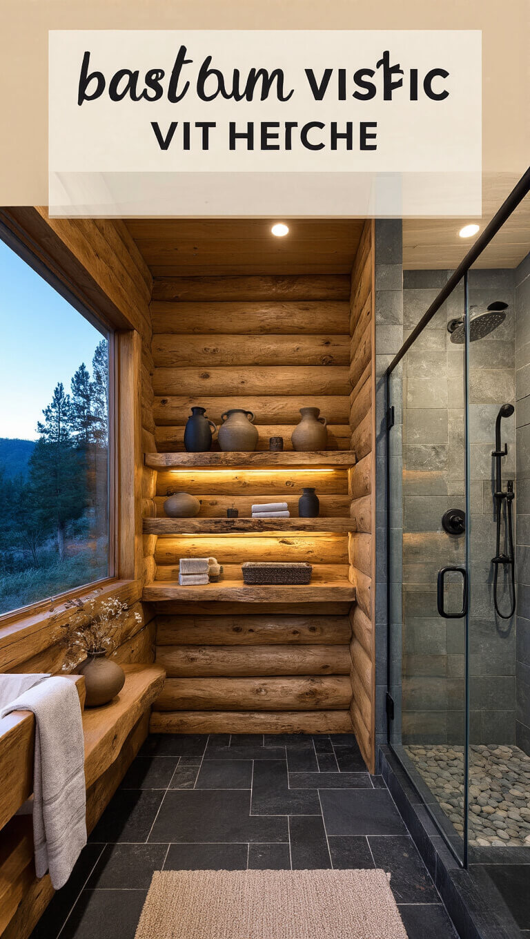 Modern rustic bathroom at twilight with black slate floor, log walls, floating live edge shelves, matte black fixtures, and a smoky glass corner shower with river stone accents.