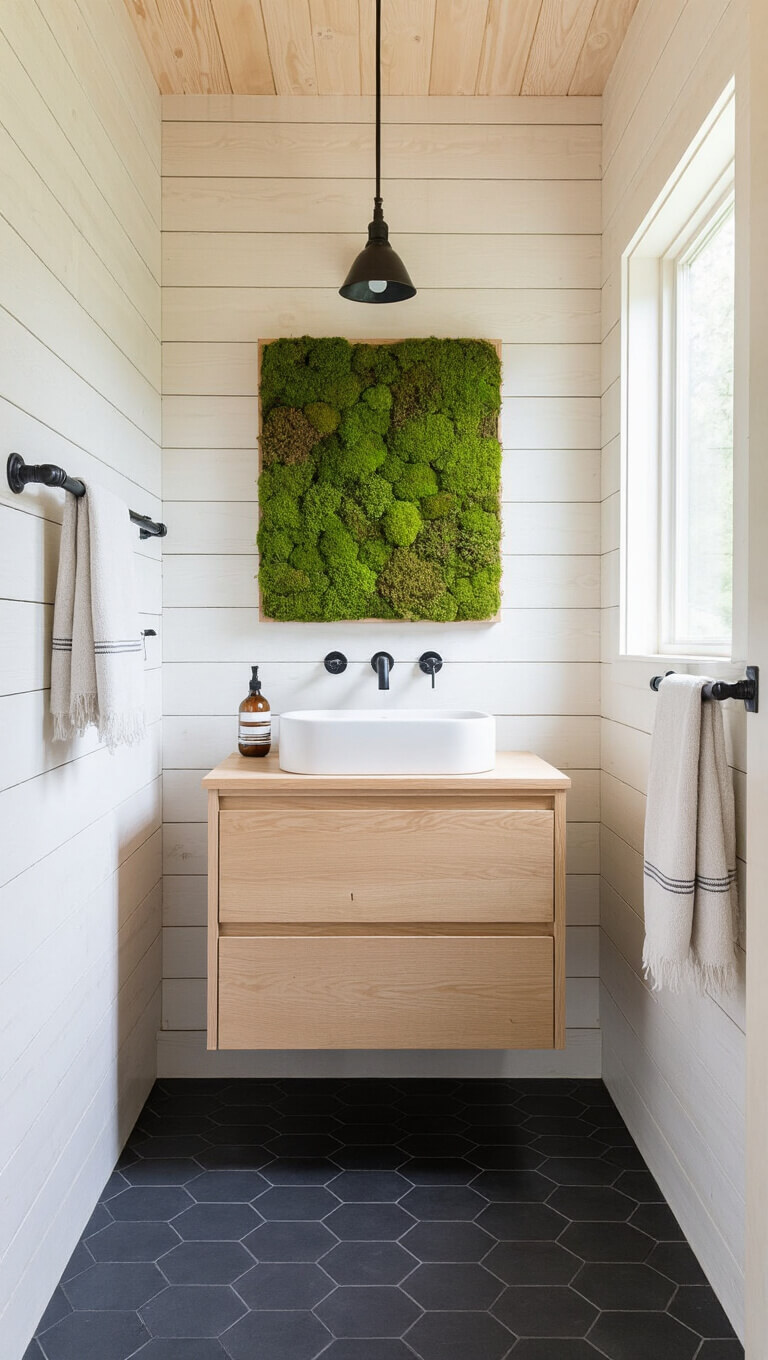Minimalist cabin bathroom with whitewashed cedar walls, charcoal hex tile floor, wall-mounted bleached oak vanity, vessel sink, industrial towel bars with Turkish towels, and moss wall art in morning light.
