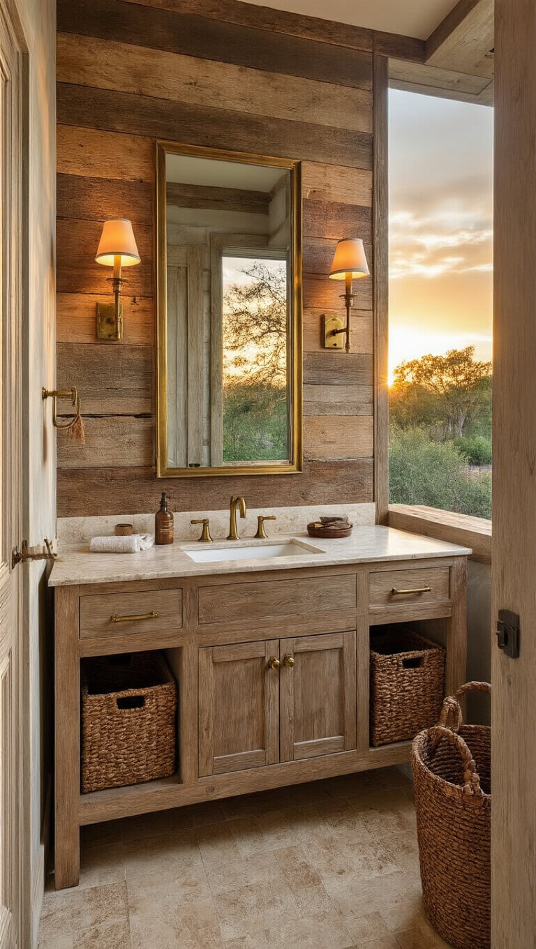 Luxe rustic bathroom at sunset with reclaimed timber wall, marble vanity, brass accents, and travertine floors.