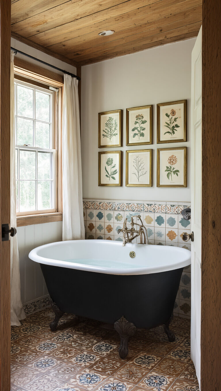 Eclectic cabin bathroom with black clawfoot tub, botanical gallery wall, earth-toned patterned tiles, and natural wood elements in soft midday light.