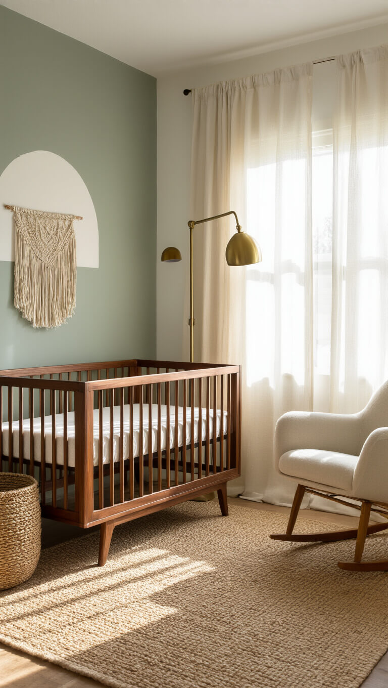 Nursery at golden hour with walnut crib against sage green accent wall, cream boucle glider, brass floor lamp, jute rug, and natural decor elements.