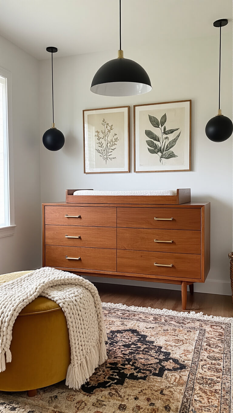 Nursery corner with 10ft ceilings and matte black geometric pendant light, featuring a restored 1960s teak dresser used as a changing station, gallery wall of vintage botanical and modern abstract art above; textures include velvet ottoman, chunky knit throw, and vintage Persian rug in earth tones of teak, mustard, cream, and black accents.