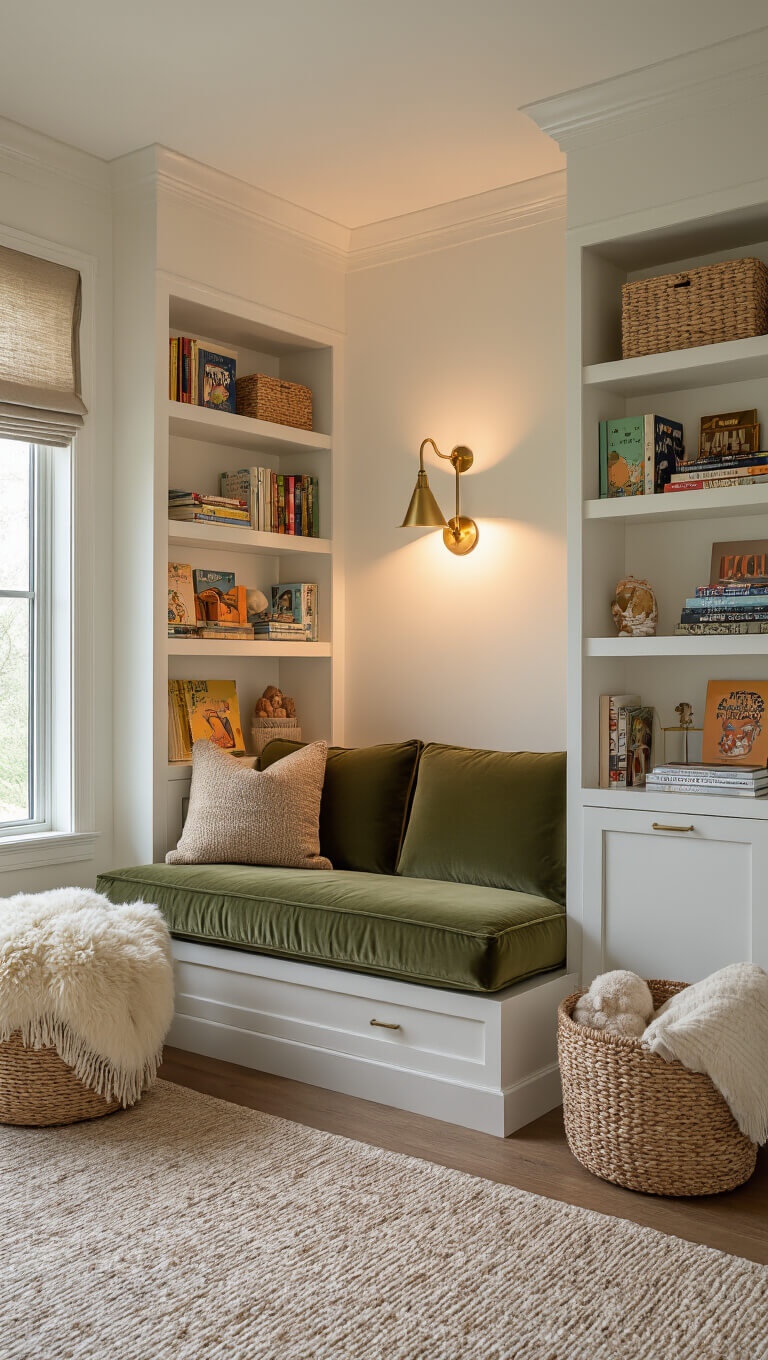 Cozy reading nook at dusk with olive green velvet glider between warm white bookshelves, brass sconce lighting, floating shelves of children's books, and textured accents like sheepskin throw and woven baskets.