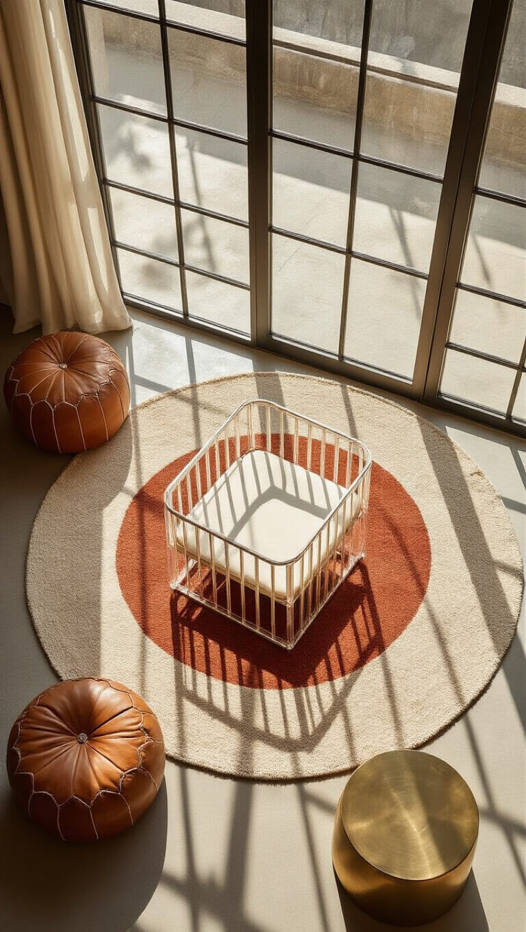 Overhead view of circular terracotta and cream vintage wool rug with modern acrylic crib centered on it, surrounded by camel leather pouf and brass side table, all bathed in afternoon sunlight through grid windows.