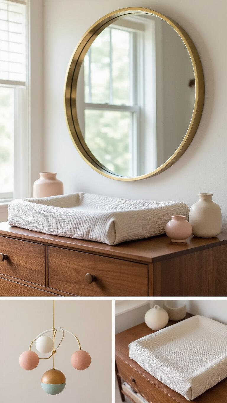 Close-up of a mid-century walnut changing station with linen pad, brass-framed mirror, vintage ceramics, and abstract mobile in soft morning light.