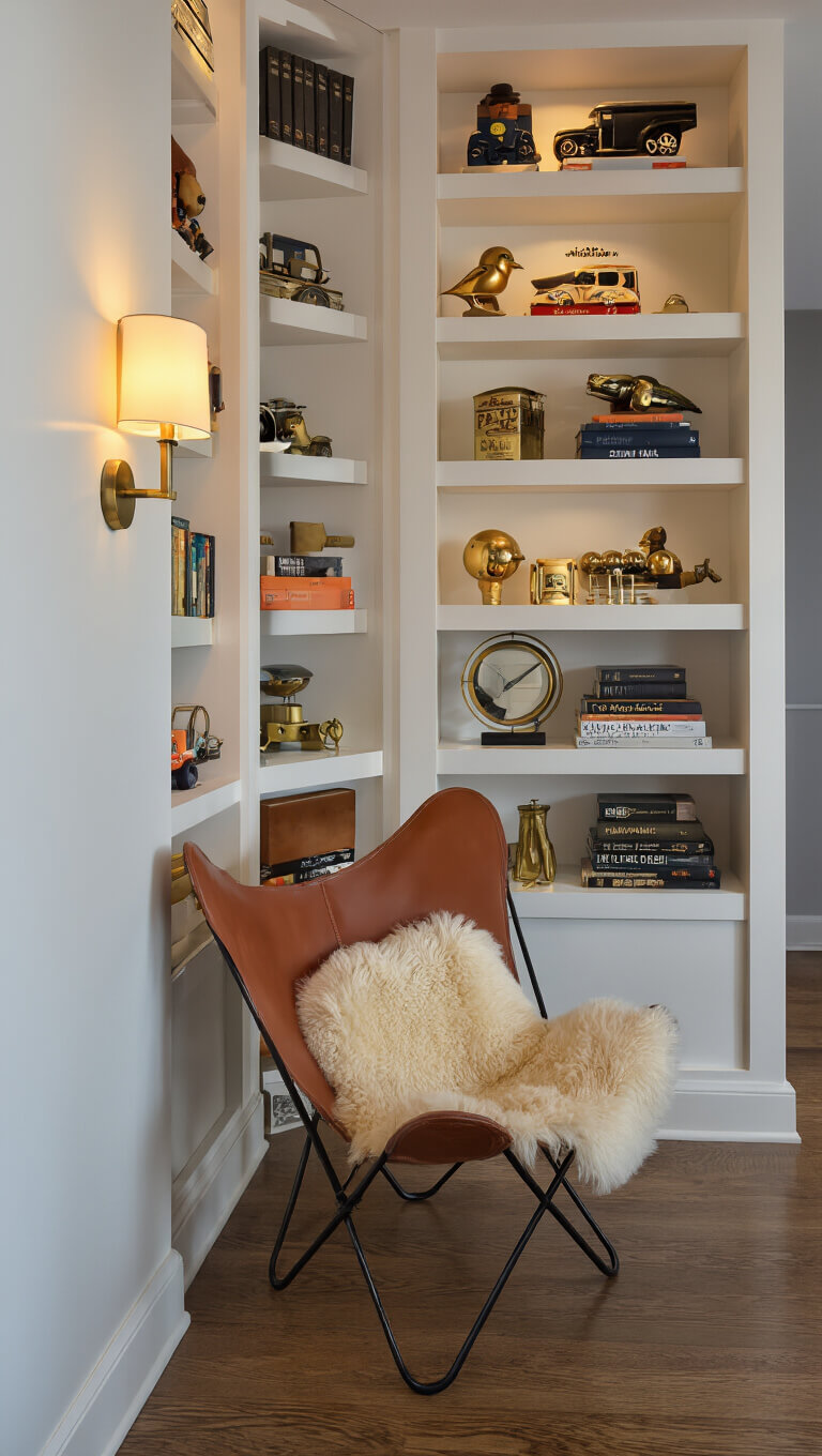 Child’s-eye view of cozy reading nook with floor-to-ceiling white shelves illuminated by modern sconces, displaying vintage toys, books, and brass accents; cognac leather butterfly chair with sheepskin in foreground.