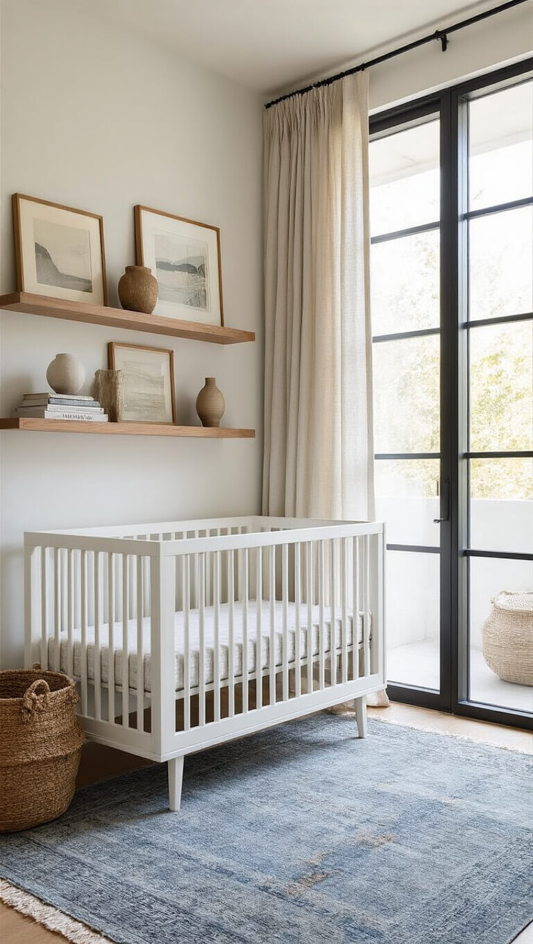 Modern white crib beneath tall grid windows with natural linen curtains, vintage muted blue rug, floating shelves with eclectic artwork, and warm wood accents in soft afternoon light.