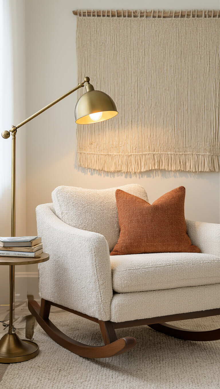 Cozy nursing corner at dawn with oatmeal bouclé rocker, warm brass floor lamp, handwoven wall hanging, and side table with vintage books and modern lamp.