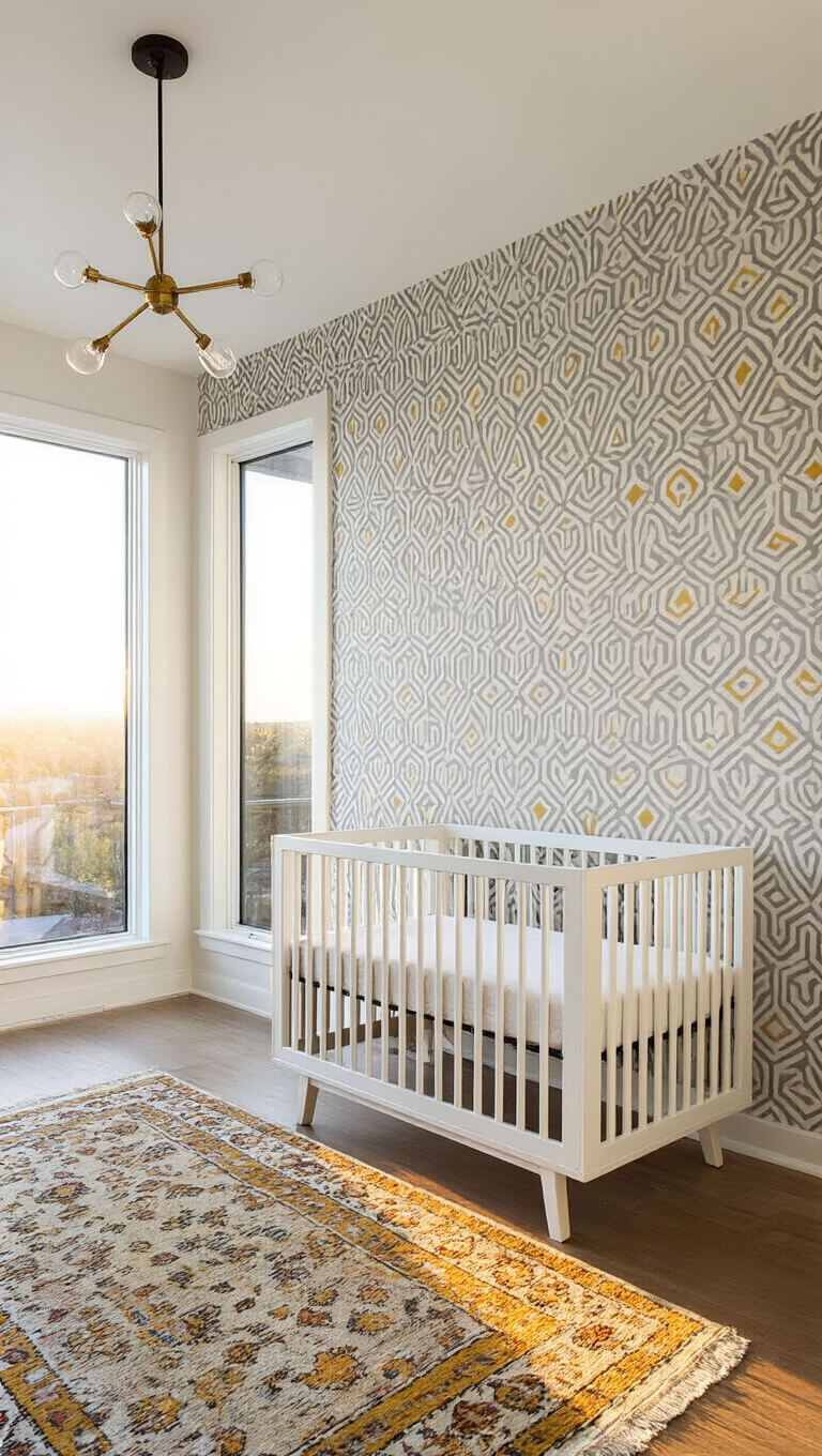 Sunlit nursery with geometric wallpaper, modern white crib, and Persian runner, viewed from above with warm sunset light filtering through windows.