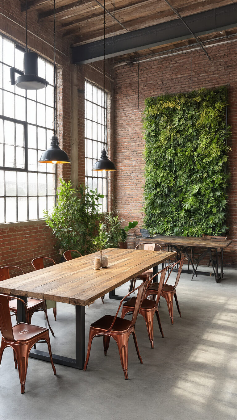 Industrial-style workspace with exposed brick, concrete floors, long reclaimed wood table for 12, vintage copper chairs, pendant lights, green wall, and afternoon light through factory windows.