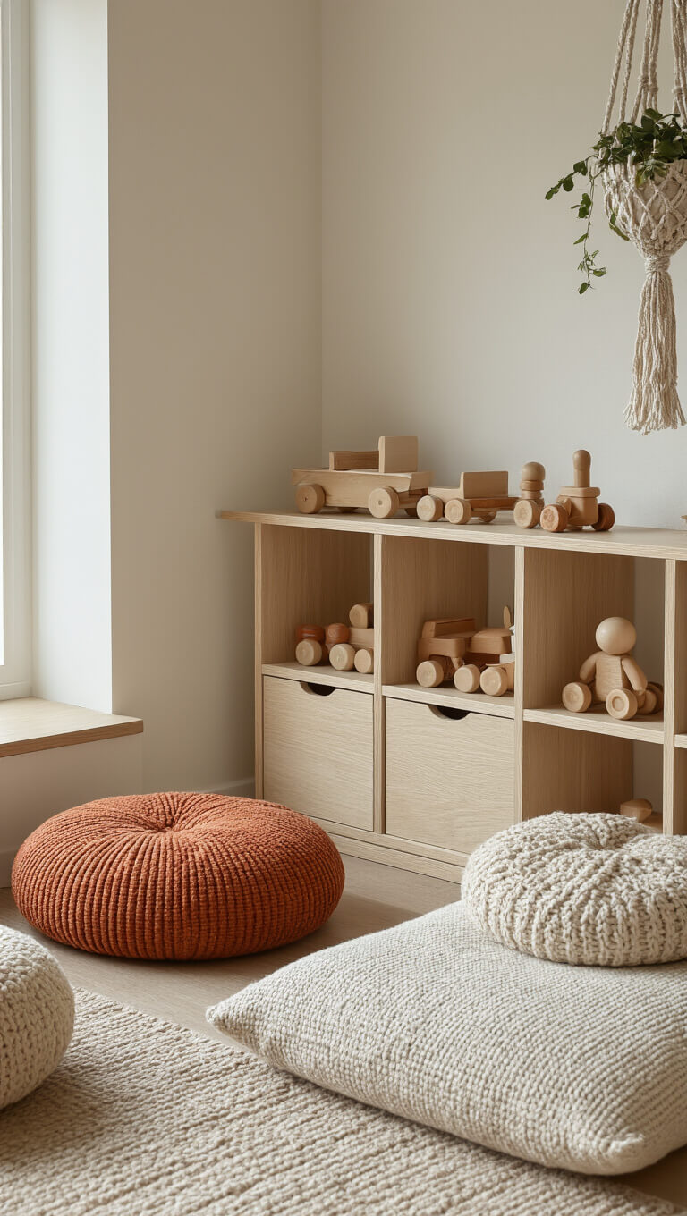 Toddler-height view of a play area corner with bleached oak shelving, vintage wooden toys, rust and cream floor cushions, and a macramé plant hanger in morning light.