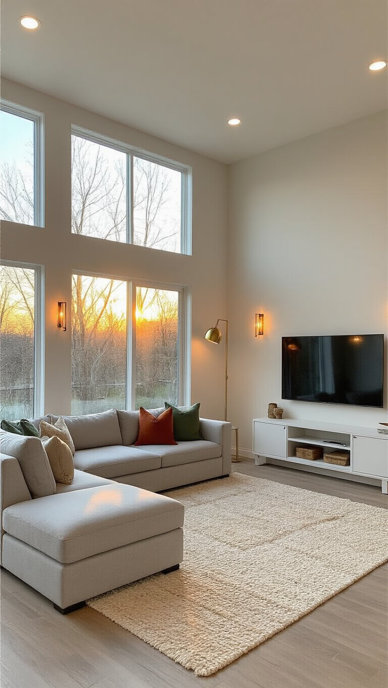 Cozy modern basement living room with pearl grey sectional, floor-to-ceiling windows, white oak entertainment unit, and golden hour lighting.