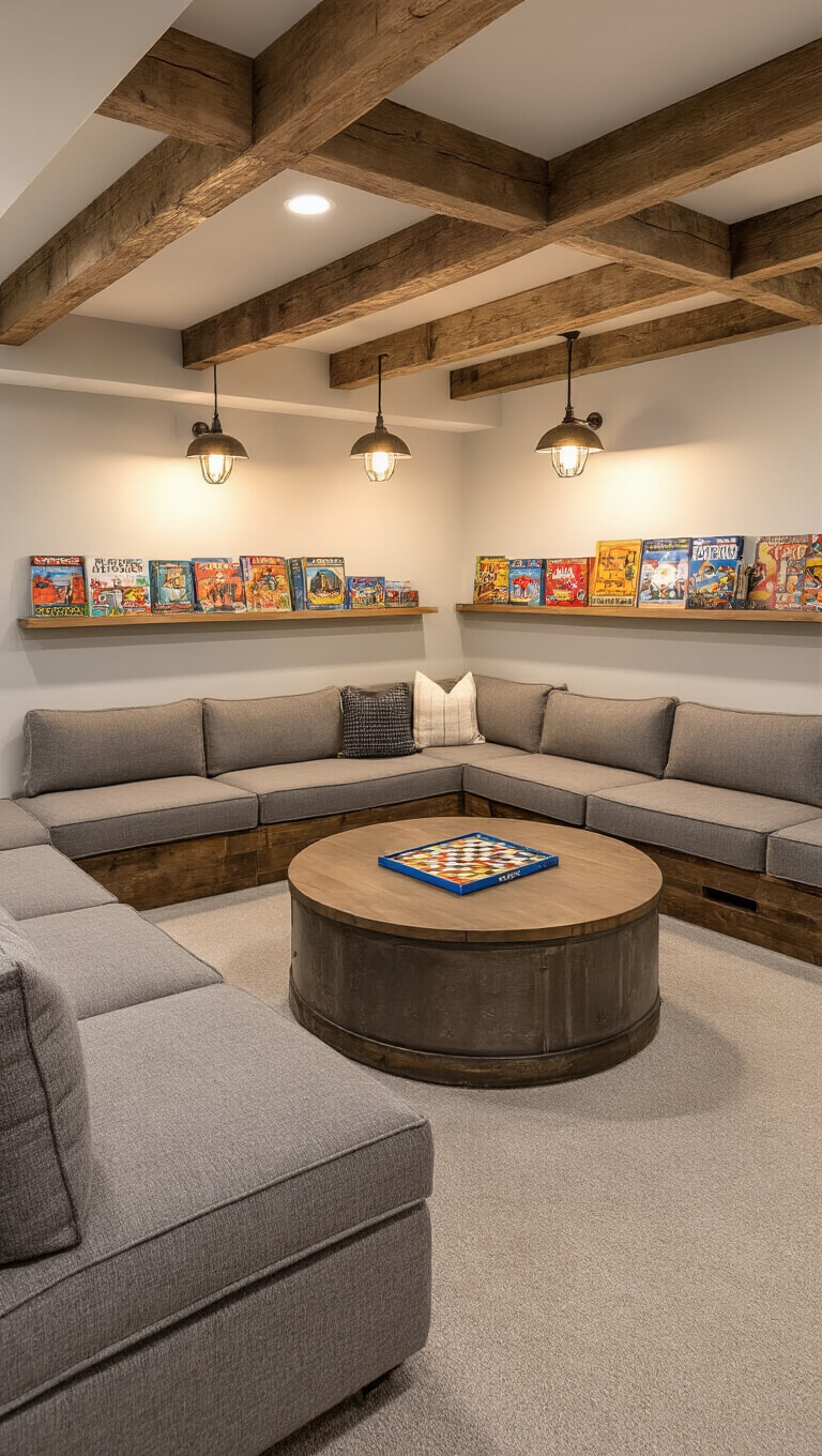 Cozy basement game room at dusk with L-shaped sofa, round wooden coffee table, built-in bench, floating shelves of board games, and warm pendant lighting.