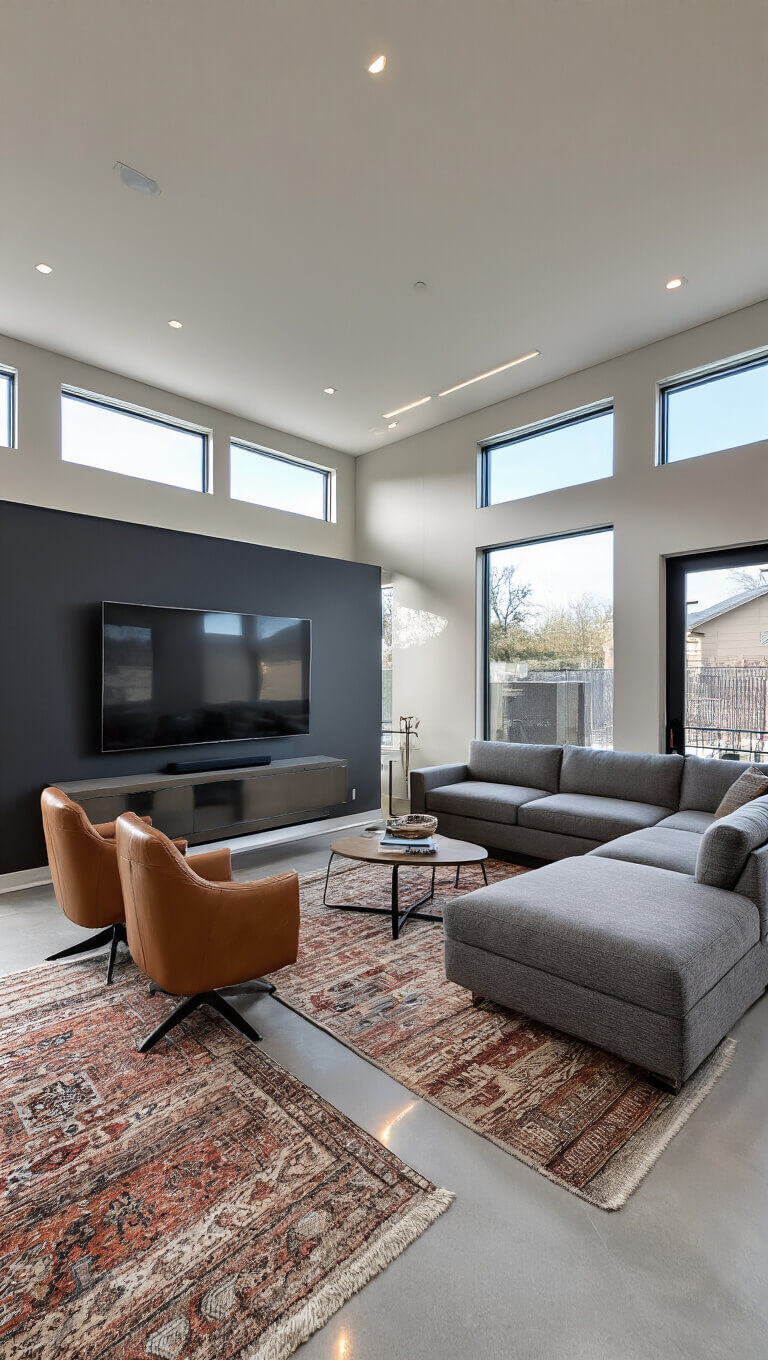 Modern entertainment room with charcoal accent wall, mounted 75" TV, grey sectional, cognac leather swivel chairs, Moroccan rugs on concrete floor, and ambient LED lighting.