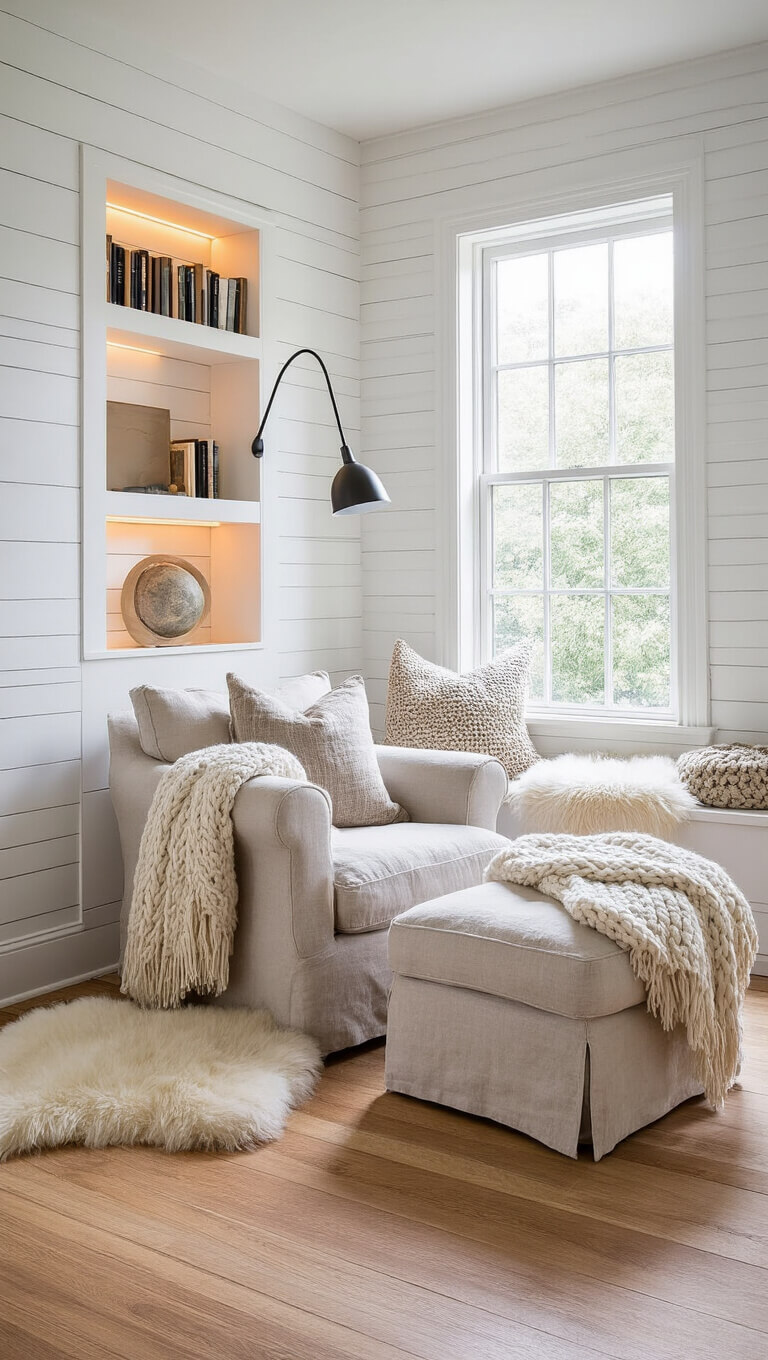 Scandinavian reading nook with linen armchair, ottoman, built-in bookshelf, and wood floors bathed in morning light.