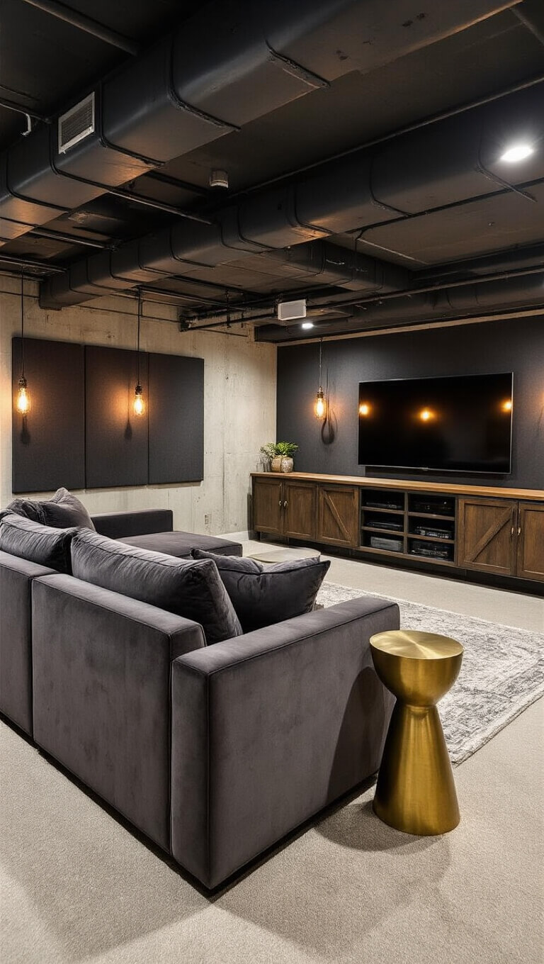 Twilight view of industrial chic media room with matte black exposed ductwork, charcoal acoustic panels on concrete walls, custom steel and wood entertainment center, graphite velvet sectional, brass accent tables, and Edison bulb sconces casting dramatic shadows.