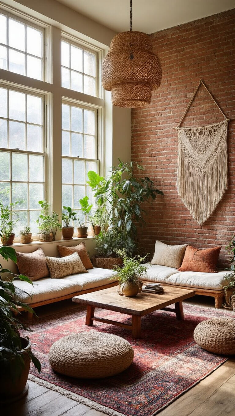 Bohemian family lounge with vintage rug, floor cushions, low wooden table, macramé wall hanging, rattan lights, and plants in natural midday light.