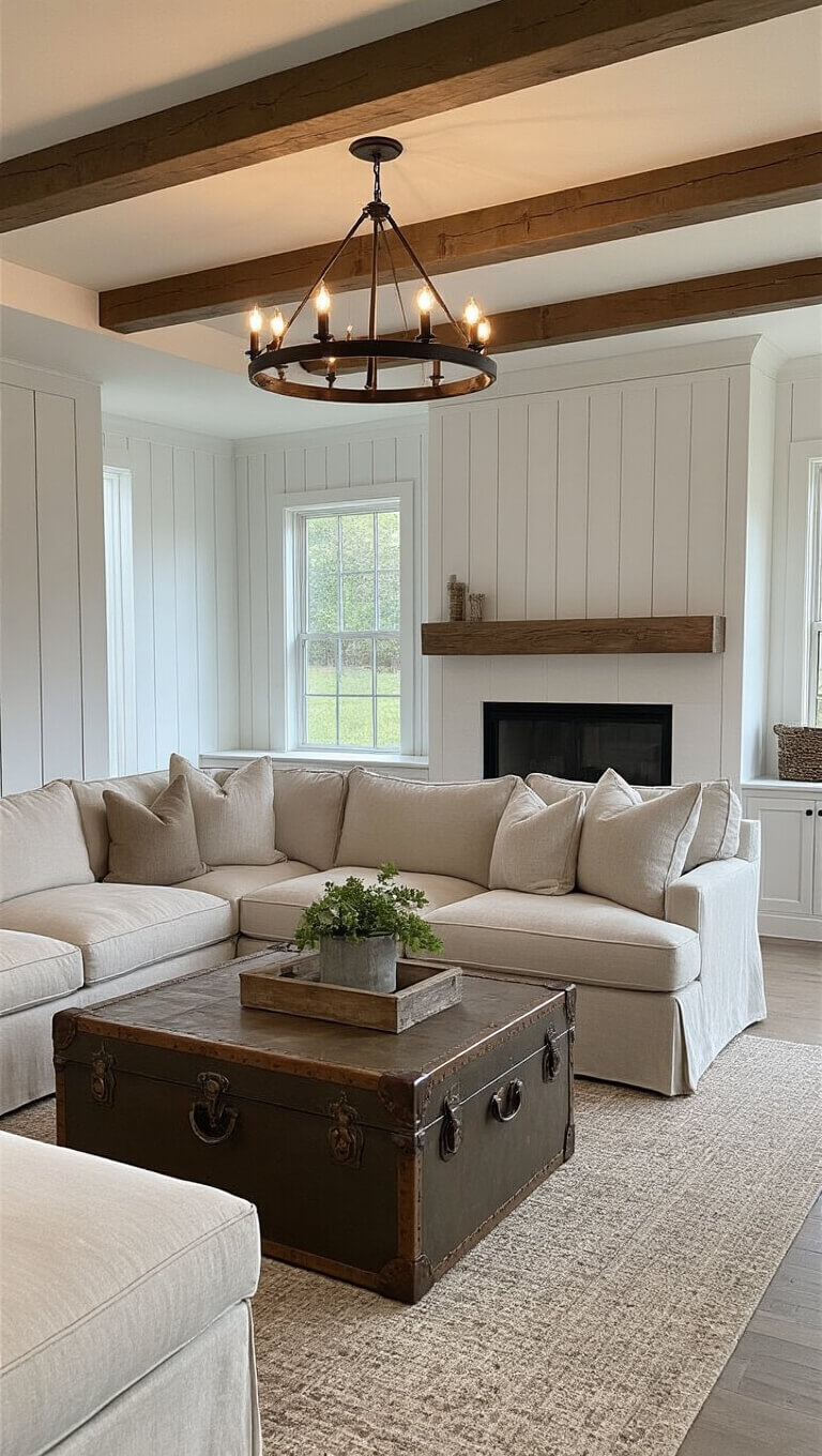 Modern farmhouse basement with stone fireplace, white board and batten walls, dark wood beams, linen slipcovered sectional, vintage trunk coffee table, and iron chandelier lighting.