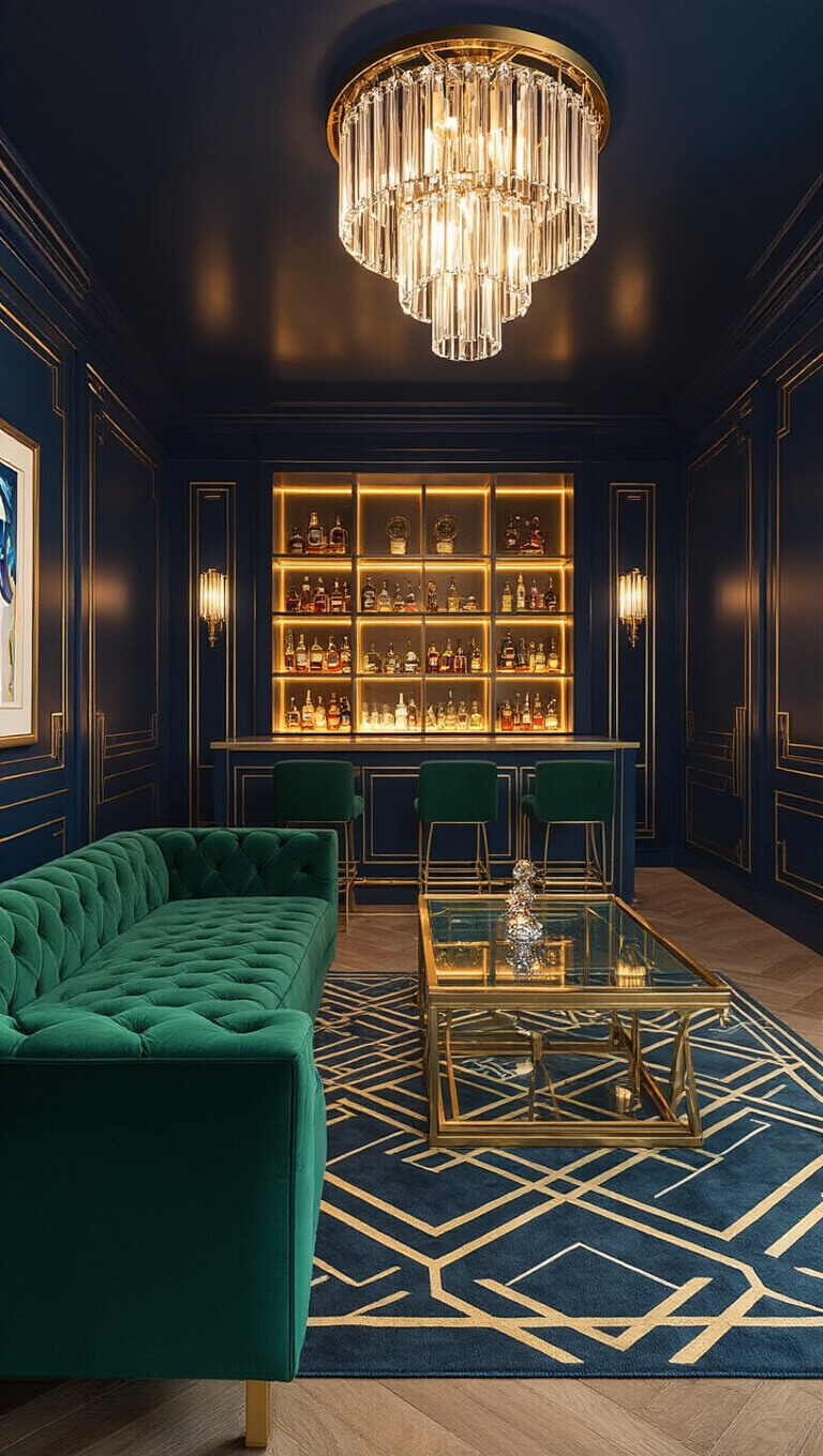 Art Deco gaming lounge with emerald green velvet sofa, brass and glass gaming table on geometric rug, navy walls with gold accents, and illuminated custom bar under crystal pendant lighting.