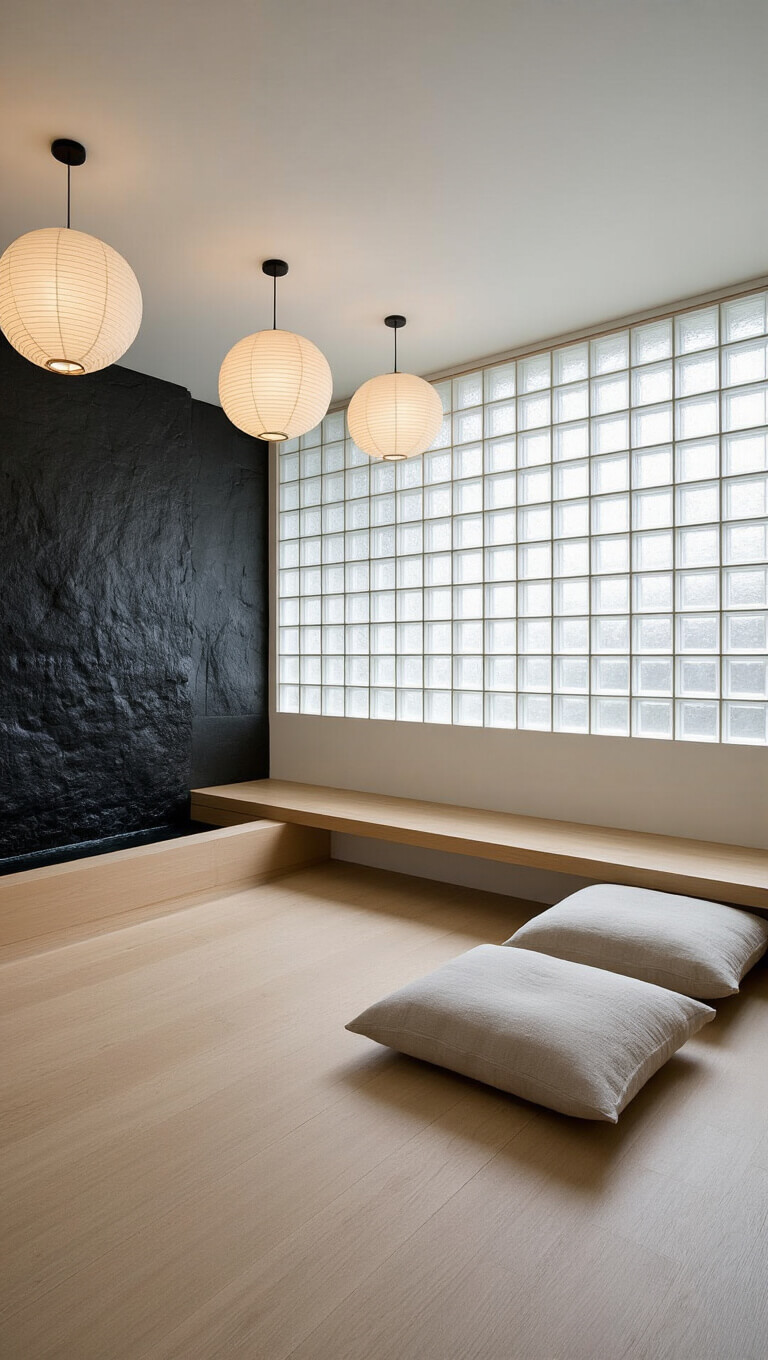 Minimalist Zen living space with soft morning light, shoji screens, low platform seating, river rock water wall, and paper lantern lighting.