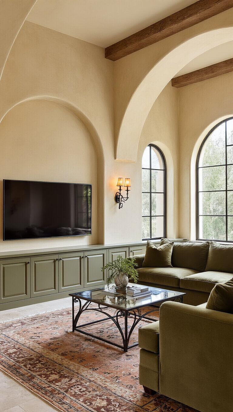 Mediterranean-inspired media room with cream Venetian plaster walls, arched windows, terra cotta tile media center, olive green velvet sectional, wrought iron and glass coffee table, vintage-style rug, and bronze sconces.
