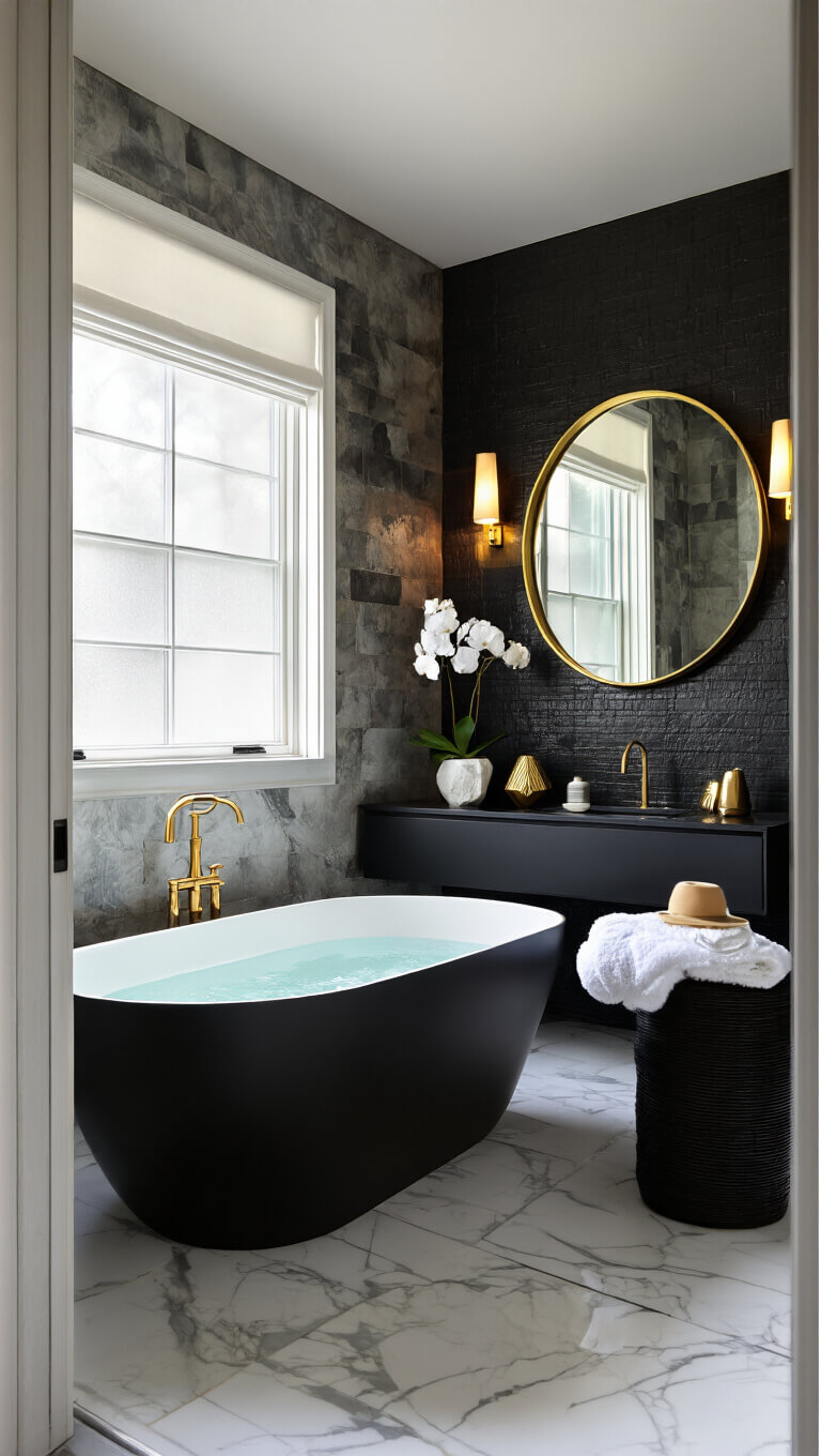 Luxury bathroom with matte black freestanding tub, gold accents, and marble floors in soft early morning light.