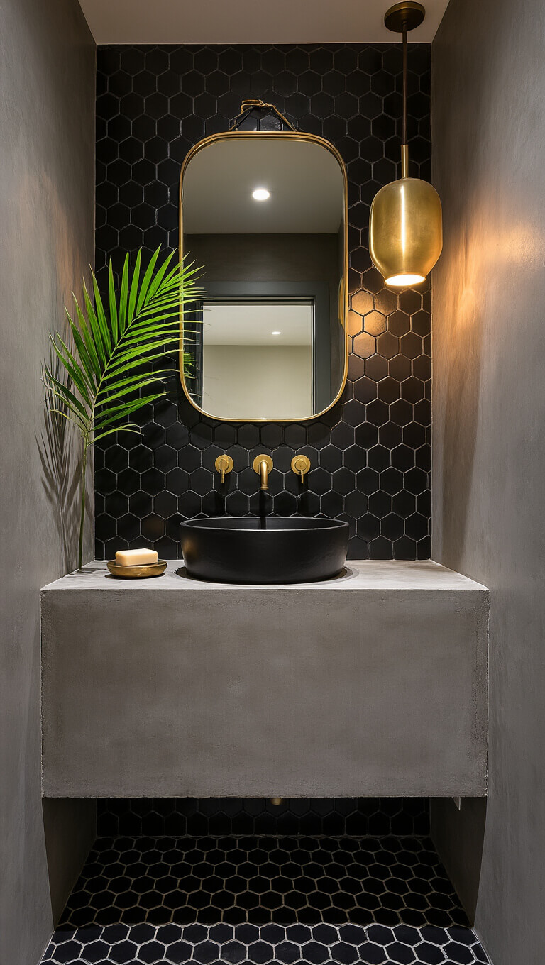 Moody powder room with glossy black hex tiles, floating concrete vanity, brass pendant light, and vintage mirror in boutique hotel style.