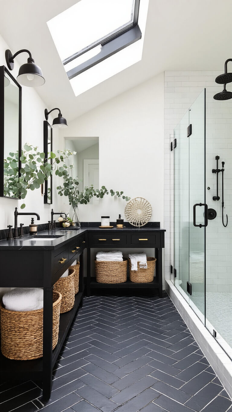 Elegant 15x20ft master bathroom with skylight, black marble double vanity, herringbone black slate floor, glass shower, mixed metal fixtures, and styled with baskets, eucalyptus, and white linens.
