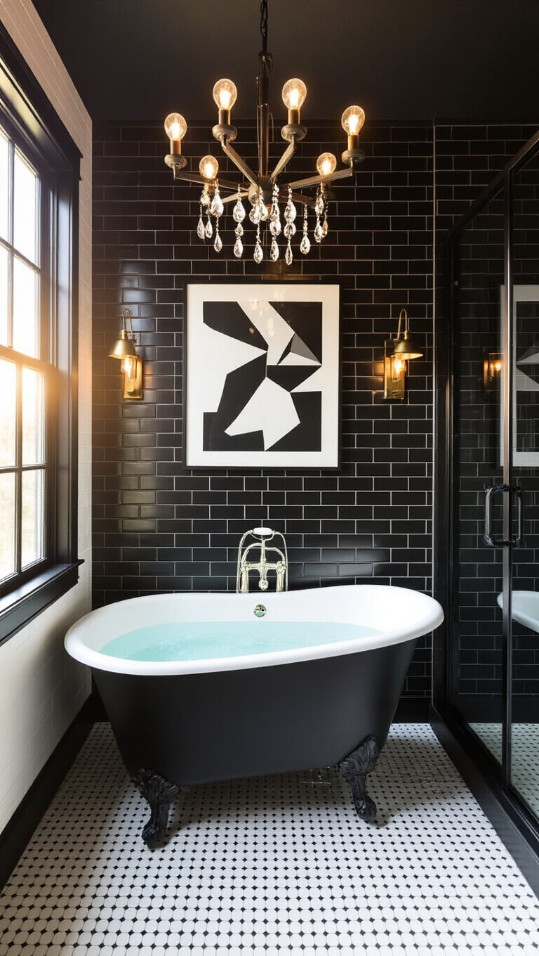 Contemporary black-tiled bathroom with clawfoot tub, golden hour light, white penny tile floor, and industrial shower partition.