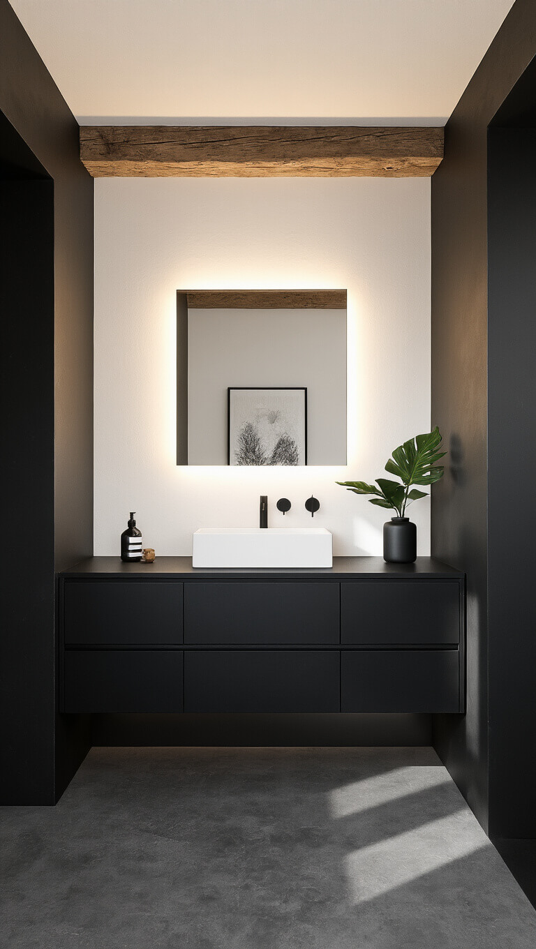 Minimalist black bathroom with floating cabinet, backlit mirror, concrete floors, and moody afternoon lighting.