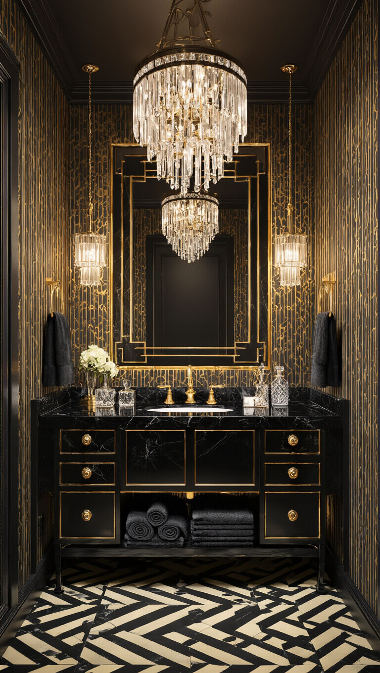 Art Deco black bathroom with gold accents, black marble vanity, crystal chandelier, chevron tile floor, and vintage decor in warm lighting.