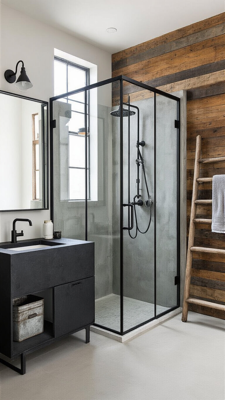 Industrial modern bathroom with black steel-framed shower, black concrete vanity, salvaged wood accent wall, and morning light through factory windows.