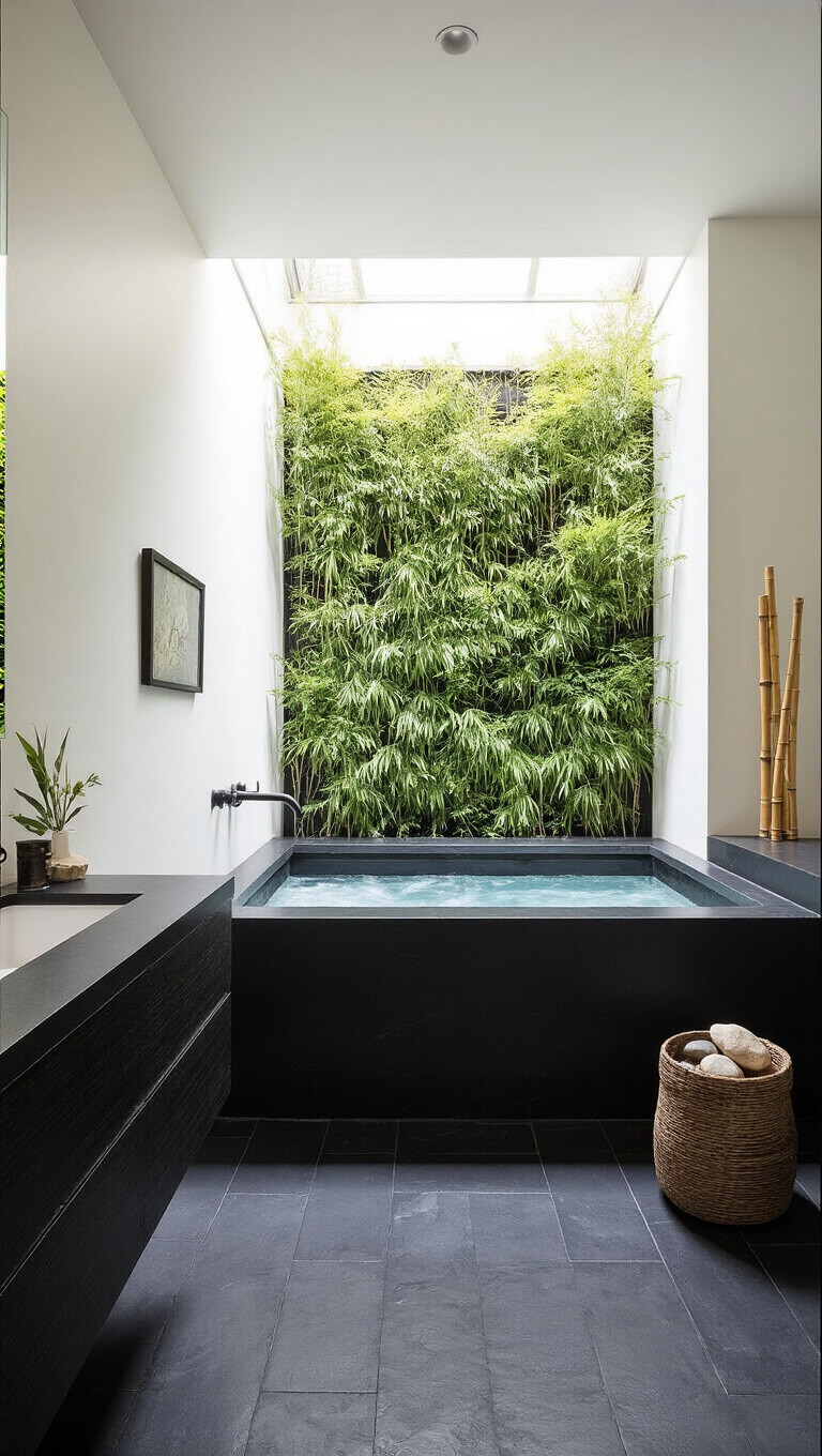Organic modern zen bathroom with black stone soaking tub, black wood vanity, living green wall, and textured black porcelain tiles, styled with bamboo accents and river rocks.