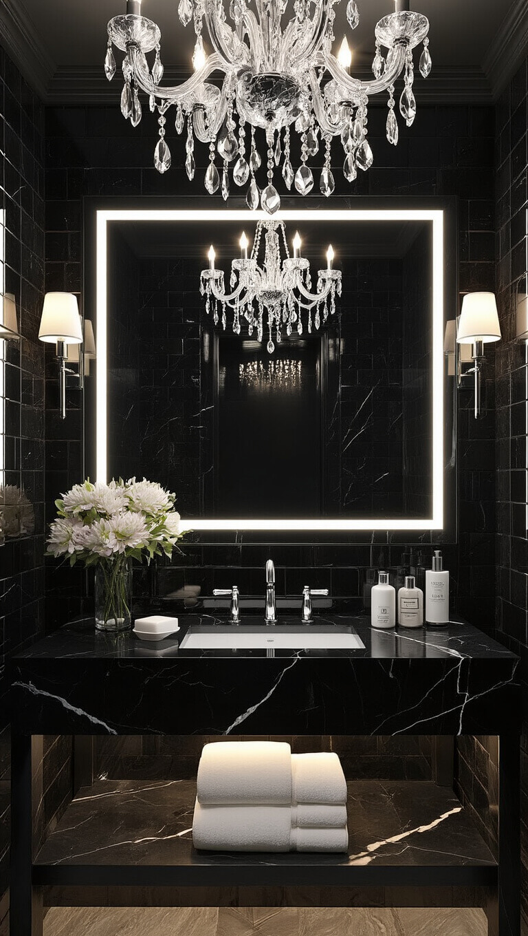 Luxurious black bathroom with high gloss tile walls, black marble counters, crystal chandelier reflection, and silver accessories under evening lighting.