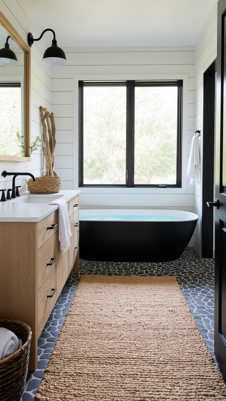 Contemporary coastal black bathroom with matte black shiplap walls, white oak vanity, pebble shower floor, black soaking tub, and bright natural light highlighting woven baskets and driftwood decor.