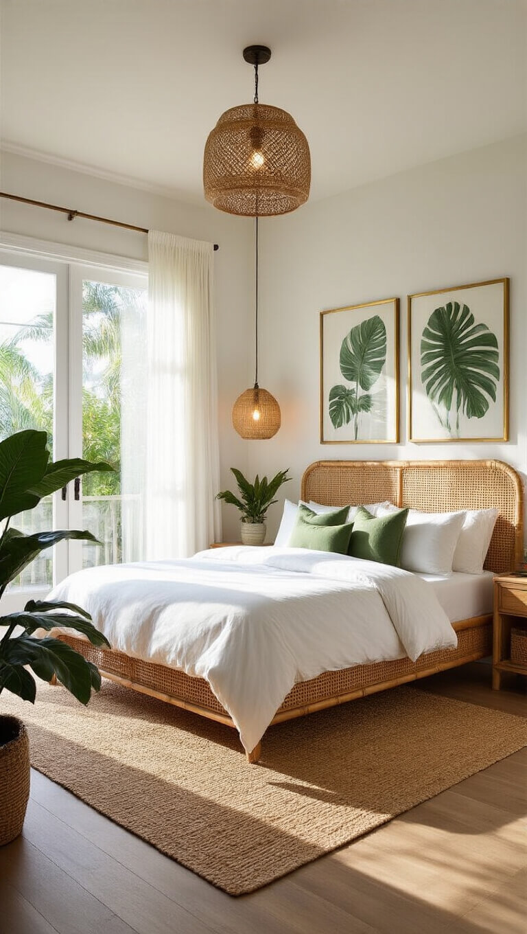 Modern tropical master bedroom with rattan king bed, white linens, and sage pillows, bathed in golden hour light through sheer curtains, featuring botanical decor and natural textures.